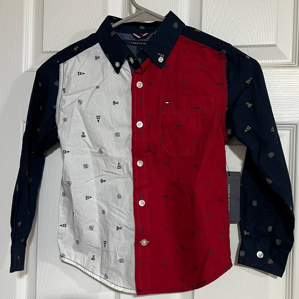 Tommy Hilfiger Big Norris Colorblocked Logo Print Poplin Shirt, Size 6